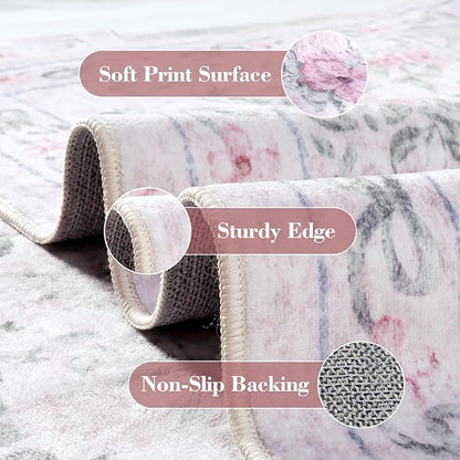 Wonnitar Washable 9x12 Area Rugs, Ultra-Thin Large Area Rug for Living Room, Pink Soft Non Slip Boho Floral Bow Apartment Decor Carpet for Big Bedroom Playroom Nursery Office, Light Pink