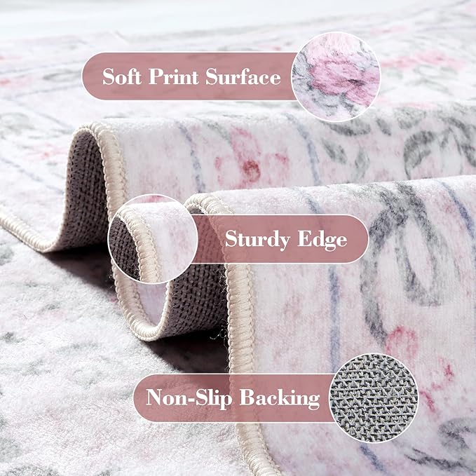 Wonnitar Bow Print Washable 4ft Round Rug, Pink Circle Rug for Girl Nursery Decor, Non Slip Ultra-Thin Soft Boho Floral Small Cute Circular Carpet for Kids Bedroom Baby Room, Light Pink