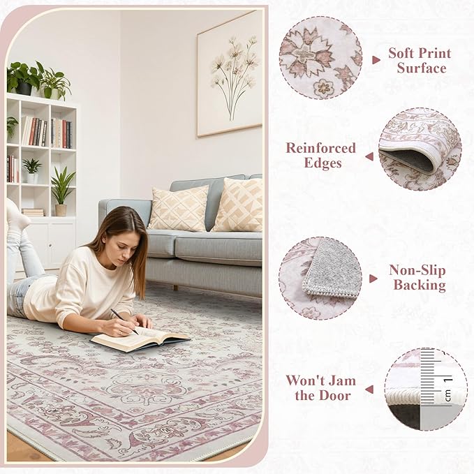 Wonnitar Floral Washable 8x10 Rug, Pink Area Rug for Bedroom Girls, Soft Non Slip Ultra-Thin Large Boho Vintage Home Decor Carpet for Living Room Nursery Dining Room Girl Room