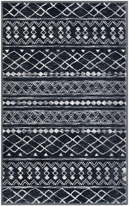 KUTA Boho Moroccan 3x5 Entryway Rug, Black Non-Slip Washable Low-Pile Living Room Area Rug, Ultra Soft Distressed Geometric Print Throw Carpet for Entrance, Bedroom, Nursery, Dorm, Kitchen