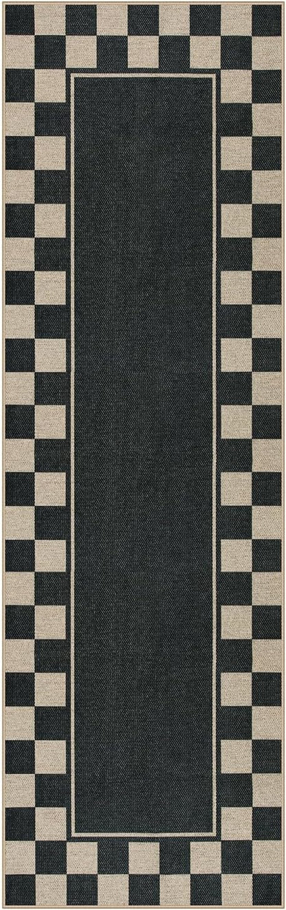 Moynesa Easy Jute Runner Rugs Washable 2.5x8 Entryway Runners Rug for Kitchen Black Checkered Carpet for Indoor Outdoor Non Slip Mat for Hallways Bathroom Bedroom Laundry Living Room Corridor