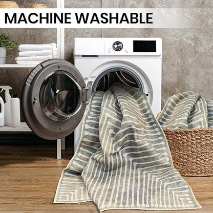 GLN Rugs Contemporary Collection - Machine Washable Area Rug, Contemporary Washable, Non Slip, Low Pile Chenille Rug, Living Room, Bedroom, Kitchen Rug (6' x 9' Lines Cream)