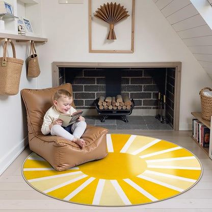 Lahome Washable Round Rug - 6Ft Round Area Rug for Living Room Low-Pile Soft Round Nursery Rug Non-Slip Large Round Dining Room Rug, Boho Rainbow Sun Print Circle Rugs for Bedroom (6'x6', Yellow)