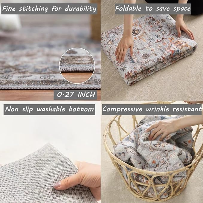 Area Rug 4x6 Washable Rug Taupe Vintage Traditional Floor Cover Foldable Thin Retro Accent Indoor Distressed Non Slip Carpet Floral Print Mat Bedroom Living Room Bathroom