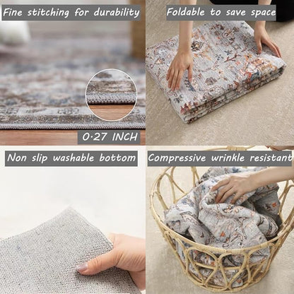 Area Rug 6x9 Washable Rug Gray Vintage Traditional Floor Cover Thin Retro Kitchen Indoor Distressed Non Slip Carpet Floral Print Mat Living Room Bedroom Dining Room