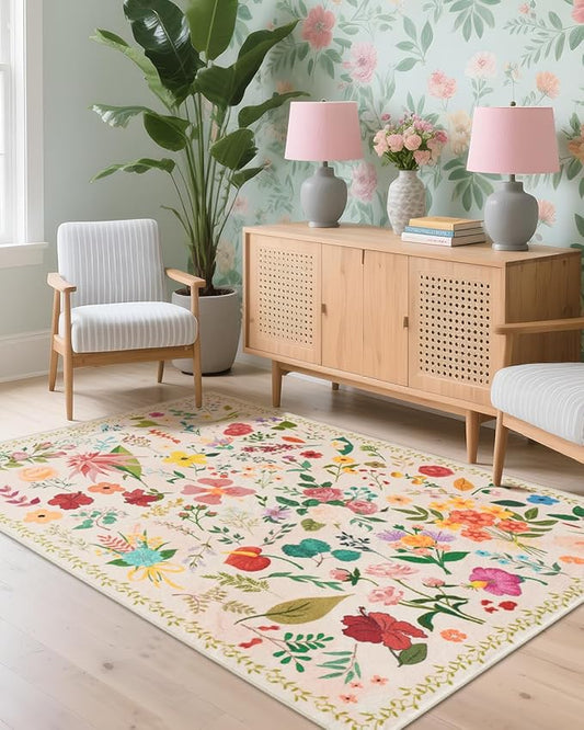 Boho Washable Area Rug 4x6 – Floral Low Pile Non-Slip Carpet for Living Room, Bedroom, Office, Playroom, Entryway, Kitchen, Dining Room (Beige)