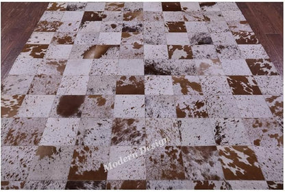Modern Design Premium Cowhide Leather Carpet with Chevron Pattern, Area Rug (White/Brown, 9x15)