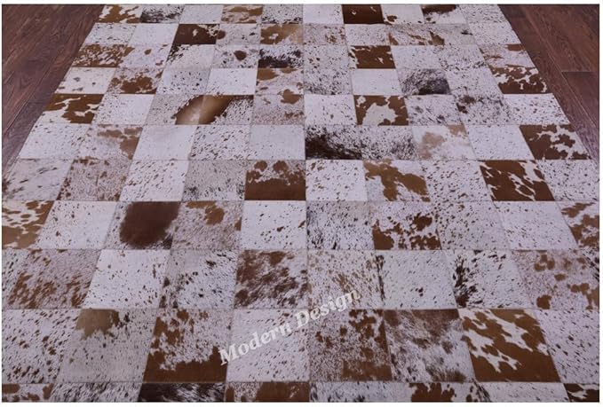 Modern Design Premium Cowhide Leather Carpet with Chevron Pattern, Area Rug (White/Brown, 10x14)