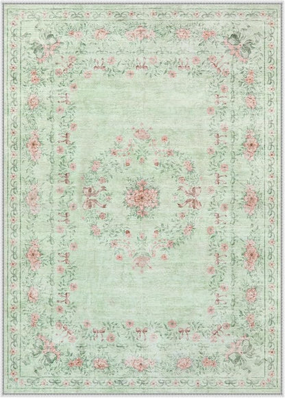 Wonnitar Floral Bow Print Washable Rugs 5x7, Sage Green Rug for Living Room, Ultra-Thin Non Slip Soft Boho Carpet for Dining Room Bedroom Kid Room Playroom, Light Green