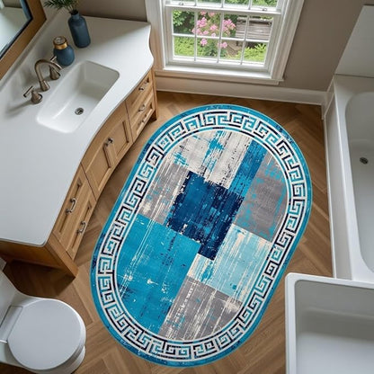 Distressed Blue Grey Greek Key Pattern Indoor Area Rug 6x9 for Living Room Bedroom Dining Room Faux Wool Anti Slip Floor Mats Nursery Entryway Minimalist Geometric Texture Bordered Rugs Retro Carpet