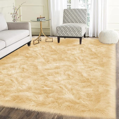 Latepis 8x10 Yellow Area Rug for Living Room Faux Sheepskin Fur Rugs for Bedroom Bedside Plush Fuzzy Soft Furry Rug Luxury Home Decor