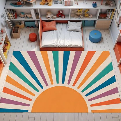Rainbow Sun Area Rug,4x6ft,Colorful Boho Style Rug, Non-Slip Machine Washable Easy Care Carpet for Kids Girls Boys Bedroom, Living Room, Classroom, Office Decor