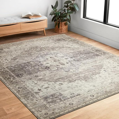 Loloi Hathaway Collection HTH-05 Steel/Ivory 7'-6" x 9'-6", .25" Thick Area Rug, Soft, Durable, Printed, Modern, Low Pile, Non-Shedding, Easy Clean, Living Room Rug