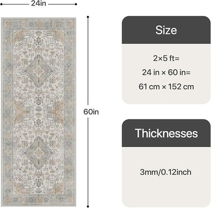 Bavni 2x5 Washable Runner Rug for Hallway, Vintage Grey Rug with Non-Slip Backing, Oriental Distressed Print Indoor Kitchen Runner, Low Pile Thin Soft Small Rugs for Entryway, Bedroom, Laundry Room