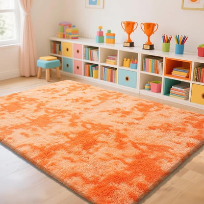 Mottling Orange Fluffy Rug Shaggy Area Rug, 9x12 Area Rugs for Girls Bedroom, Big Soft Shaggy Bedside Non-Slip Plush Dorm Nursery Kids Carpet Home Decor Aesthetic