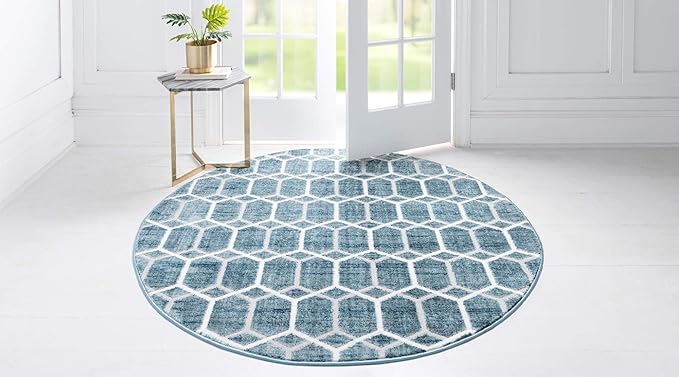 Rugs.com Lattice Trellis Collection Rug – 8 Ft Round Blue Low-Pile Rug Perfect for Kitchens, Dining Rooms