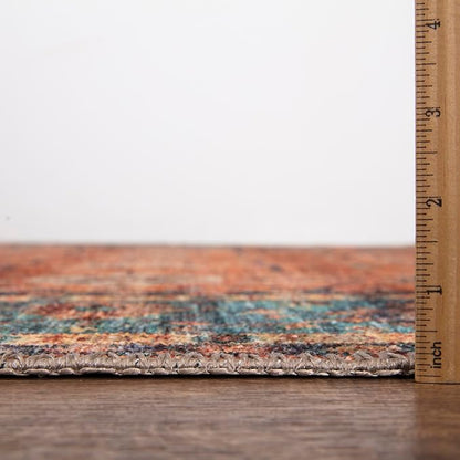 Bloom Rugs Washable Non-Slip 4' x 6' Rug - Orange/Teal Blue Traditional Bordered Area Rug for Living Room, Bedroom, Dining Room, and Kitchen - Exact Size: 4' x 6'
