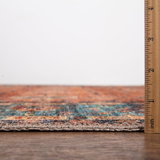 Bloom Rugs Washable Non-Slip 7 ft Runner - Orange/Teal Blue Traditional Bordered Runner for Entryway, Hallway, Bathroom, and Kitchen - Exact Size: 2.5' x 7'