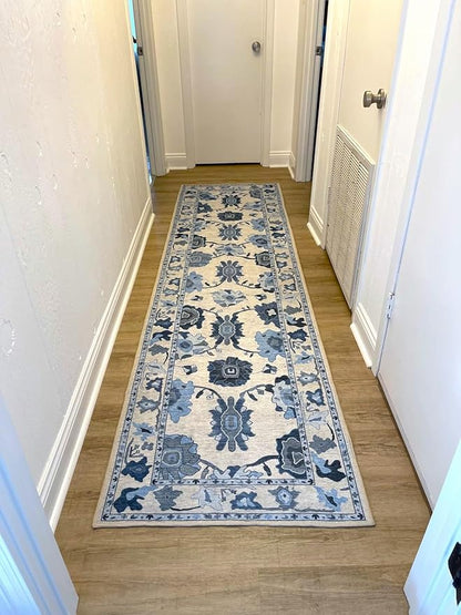 Fame Living Navy Blue Oushak Runner Rug, Modern Runners, Vintage, Turkish, Eclectic, Floral, Pastel, Washable, Runner for Hallway, Kitchen, Bedroom, Bathroom, 2'5"x9'8"