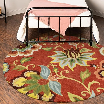 Lahome Red Floral 3 ft Round Rug, Washable Christmas Round Area Rugs Small Non Slip Entryway Mat, Throw Circle Vintage Distressed Door Mat Soft Floor Carpet for Bedroom Living Room Kitchen Office