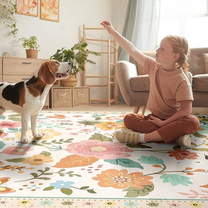 Floral 9x12 Area Rug Machine Washable Soft Print Boho Carpet Non Slip Doormat Low Pile Flower Area Rugs for Living Room Bedroom Nursery Kitchen Dining Room Indoor-Beige/White/Orange