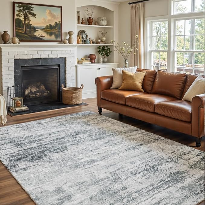 Area Rug 5x7 Washable Rug Grey for Living Room, Dining Room, Bedroom, Large Carpets, Non Slip & Non-Shedding Low Pile Vintage Print Rug for Home Office Decor