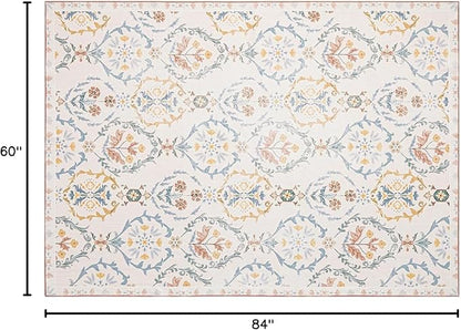 Phantoscope Washable Area Rug 5'x7' Non-Slip, Vintage Floral Boho Rugs for Living Room, Bedroom, DiningRoom, Soft Botanical Moroccan Pattern, Low-Pile Foldable Floor Carpet, Ivory Pink/Boho Garden