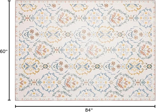 Phantoscope Washable Area Rug 5'x7' Non-Slip, Vintage Floral Boho Rugs for Living Room, Bedroom, DiningRoom, Soft Botanical Moroccan Pattern, Low-Pile Foldable Floor Carpet, Ivory Pink/Boho Garden