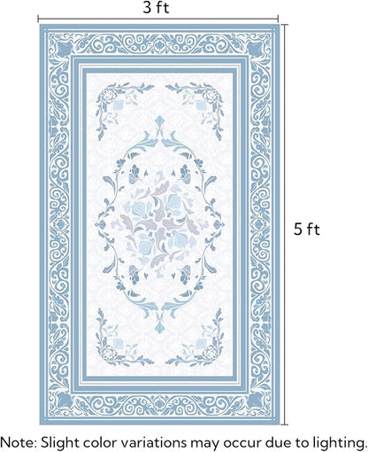 SOULFUL Medium Pile 3x5 Area Rug - Cozy Soft Underfoot Small Entryway Rug - Mist Blue Boho Floral - Washable Non-Slip - Perfect for Living Room Bedroom Foot Kids Room Reading Nook