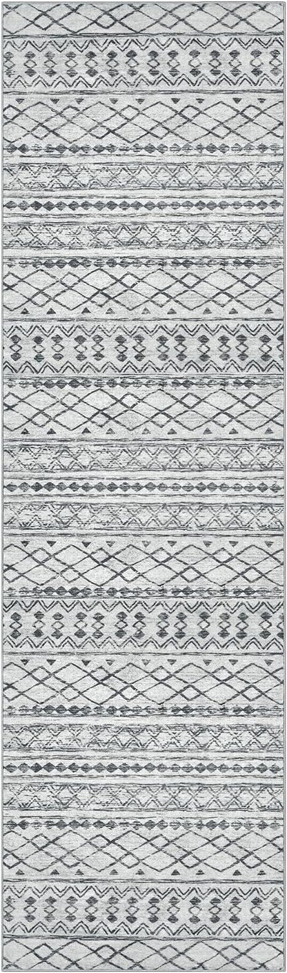 KUTA Moroccan Washable Runner Rug, 2x7 Non-Slip Vintage Grey White Boho Hallway Kitchen Rugs Ultra Soft Distressed Geometric Floor Carpet Runners for Bedroom Laundry Living Room