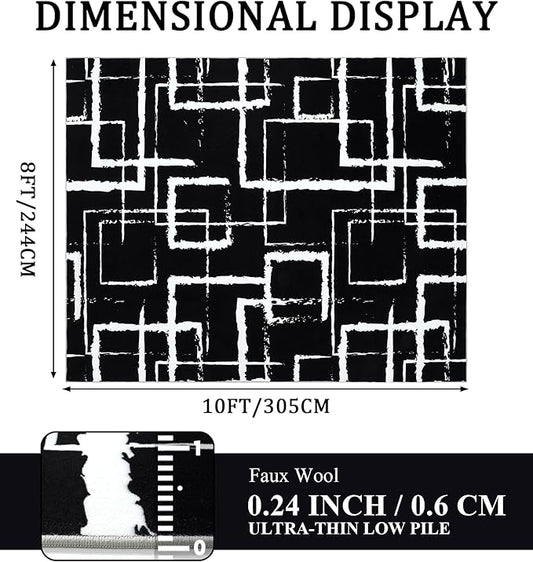 YIHOUSE Black Modern Geometric Area Rug 8x10, Black and White Rug with Abstract Rectangular Patterns,Non-Shedding Washable Rugs for Bedroom, Home Office and Living Room