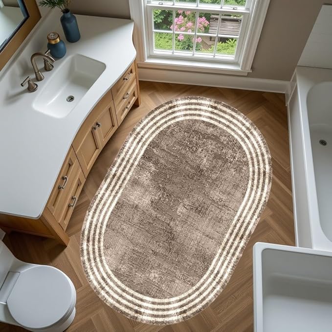 Country Earth Tone Brown Minimalist Distressed Home Office Rugs 10x12 for Living Room Bedroom Diningrooom Machine Washable Soft Thick Area Rug Nursery Dorm Kitchen Oval Geometric Bordered Large Carpet