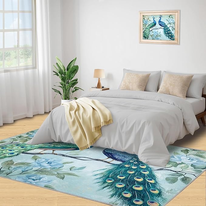 Peacock Rugs for Living Room - 4x6 Rug, Classic Peacock Floral Area Rugs for Bedroom, Teal Turquoise Rug, Modern Style Washable Carpet, Aesthetics Carpet - Peafowl Home Decor & Gifts