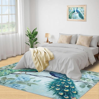 Peacock Rugs for Living Room - 2x3 Rug, Classic Peacock Floral Area Rugs for Bedroom, Teal Turquoise Rug, Modern Style Washable Carpet, Aesthetics Carpet - Peafowl Home Decor & Gifts