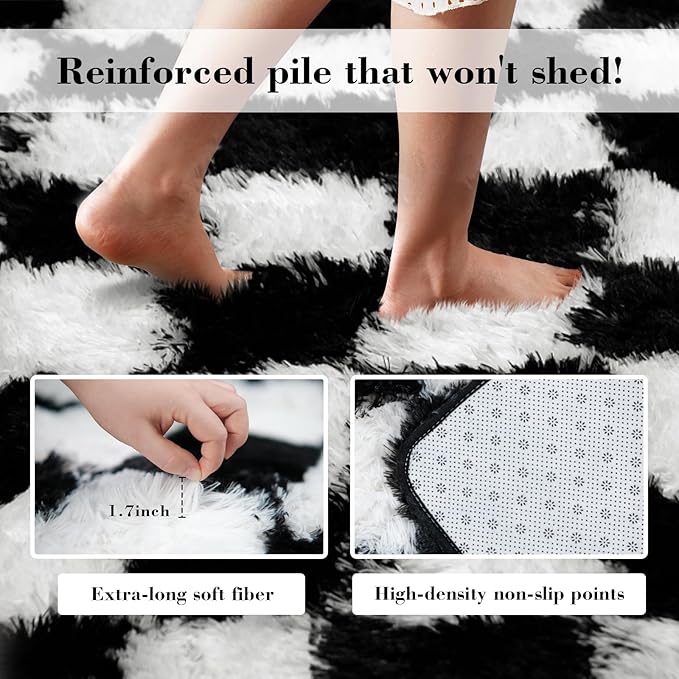 Checkered Rug for Bedroom, 3x7 Black and White Area Rugs, Classic Checkered Carpets Shaggy Area Rug, Bedside Rugs for Living Room Bedroom Kids Room Home Decor