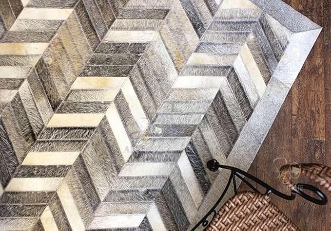 Chevron Pattern Faux Cowhide Area Rug | Non-Slip Leather Carpet for Living Room, Bedroom, and Office | Modern Designer Rug for Home Décor(2.5x8 ft_Grey)
