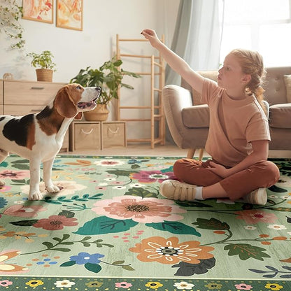 Floral 2x10 Area Rug Machine Washable Soft Print Boho Carpet Non Slip Doormat Low Pile Flower Area Rugs for Living Room Bedroom Nursery Kitchen Dining Room Indoor-Light Green