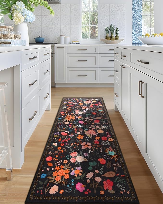 Boho Floral Runner Rug 2x6, Washable Non-Slip Kitchen Rug, Ultra Soft Vintage Carpet for Hallways, Kitchen, Bedroom, Bathroom (Black)