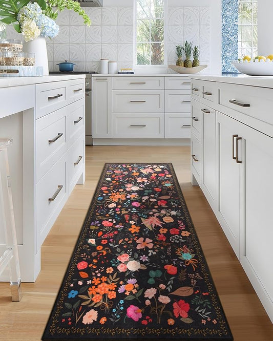 Boho Floral Runner Rug 2x6, Washable Non-Slip Kitchen Rug, Ultra Soft Vintage Carpet for Hallways, Kitchen, Bedroom, Bathroom (Black)