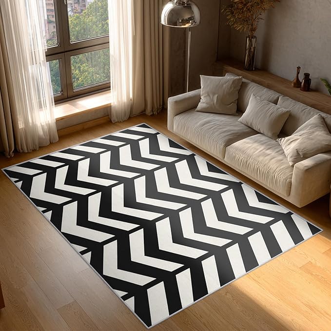 8x10 Black and White Chevron Rugs for Bedroom Decor, Washable Chevron Geometric Pattern Area Rug, Living Room Home Decoration, Non Slip Soft Thin, Modern Zigzag Decor Large Carpet PF-P 49