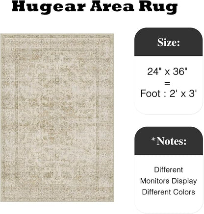 HUGEAR 2x3 Entryway Area Rug Retro Beige Small Rug Machine Washable Door Mat Vintage Floral Low Pile Carpet Distressed Throw Rug Entrance Kitchen Bathroom Bedroom Office Non Slip Soft Lightweight