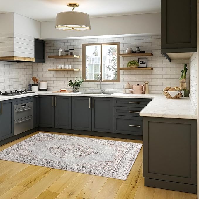 Easy-Going Area Rug 4x6 Washable Boho Rugs for Living Room Non-Slip Bedroom Rug Low Pile Lightweight Vintage Distressed Throw Rug for Dining Room Kitchen Home Office Carpet, Grey Brick