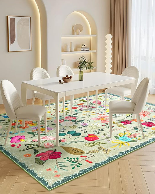 Boho Washable Area Rug 5x7 – Floral Low Pile Non-Slip Carpet for Living Room, Bedroom, Office, Playroom, Entryway, Kitchen, Dining Room (Green)