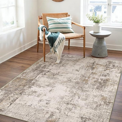 4x5 Washable Area Rug Brown Grey Abstract Entryway Office Throw Rug Neutral Modern Non Slip Soft Low Pile Indoor Carpet for Living Room Bedroom Kitchen Entrance