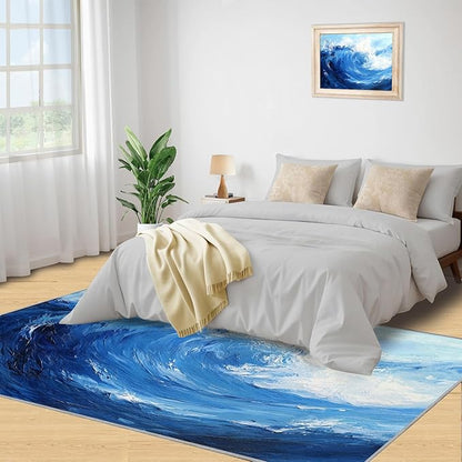 Japanese Ocean Rugs for Bedroom - 6x9 Area Rug - Ukiyo-E Ocean Waves Rugs for Living Room, Abstract Oil Painting Ocean Rug, Washable Home Decor Carpet