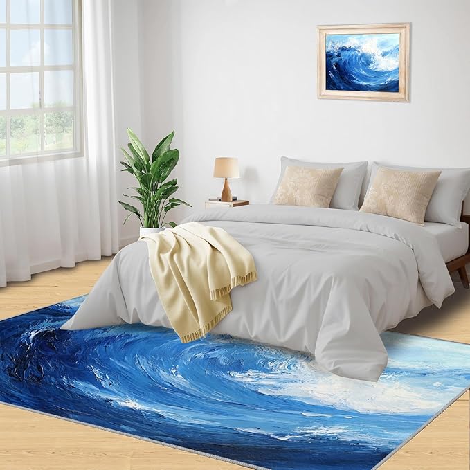 Japanese Ocean Rugs for Bedroom - 5x7 Area Rug - Ukiyo-E Ocean Waves Rugs for Living Room, Abstract Oil Painting Ocean Rug, Washable Home Decor Carpet