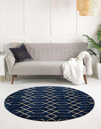 Unique Loom Glam Collection Area Rug - Trellis (3' 3' Round, Navy Blue Gold/ Gold)