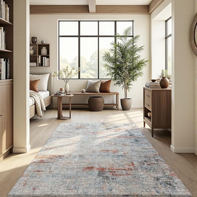 Area Rug 6x9 Washable Rug Grey and Brown for Living Room, Dining Room, Bedroom, Large Carpets, Non Slip & Non-Shedding Low Pile Vintage Print Rug for Home Office Decor