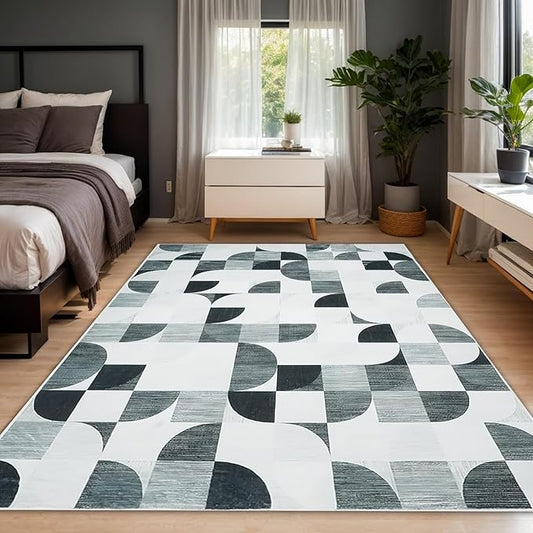 Modern Abstract Rug 5x7 Machine Washable, Boho Area Rugs for Living Room Bedroom Low-Pile, Large Throw Floor Carpet Non Slip Ultra-Thin Soft Indoor Gray