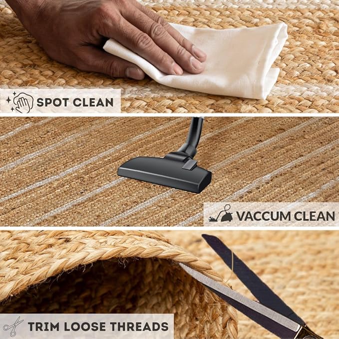 HOMEMONDE Natural Braided Jute Area Rug - 8'x10' Off White Stripe Eco Friendly Premium Fiber - Durable and Reversible Boho Farmhouse Decor Rugs for Living Room, Bedroom, Dinning Room, Kitchen, Office